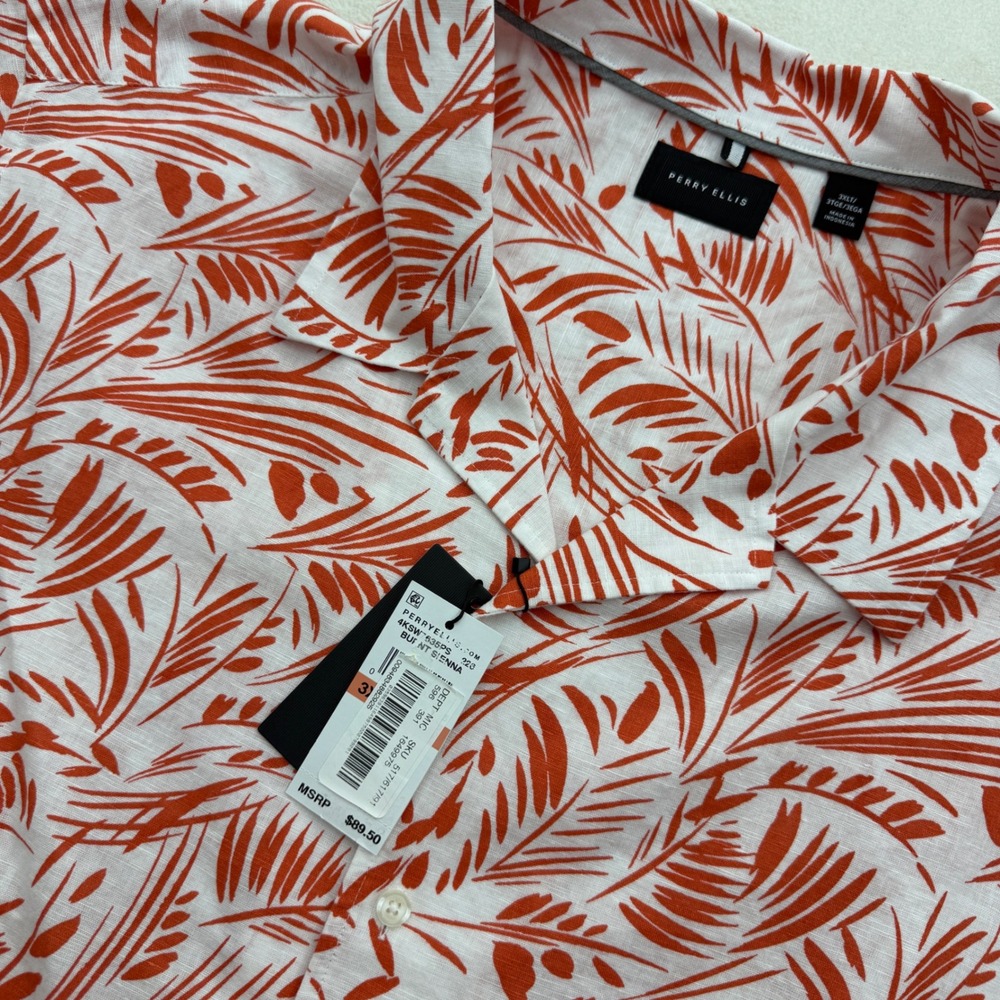 Perry Ellis Button Down Mens 3XLT Burnt Sienna Tropical Leaf Linen Blend Summer